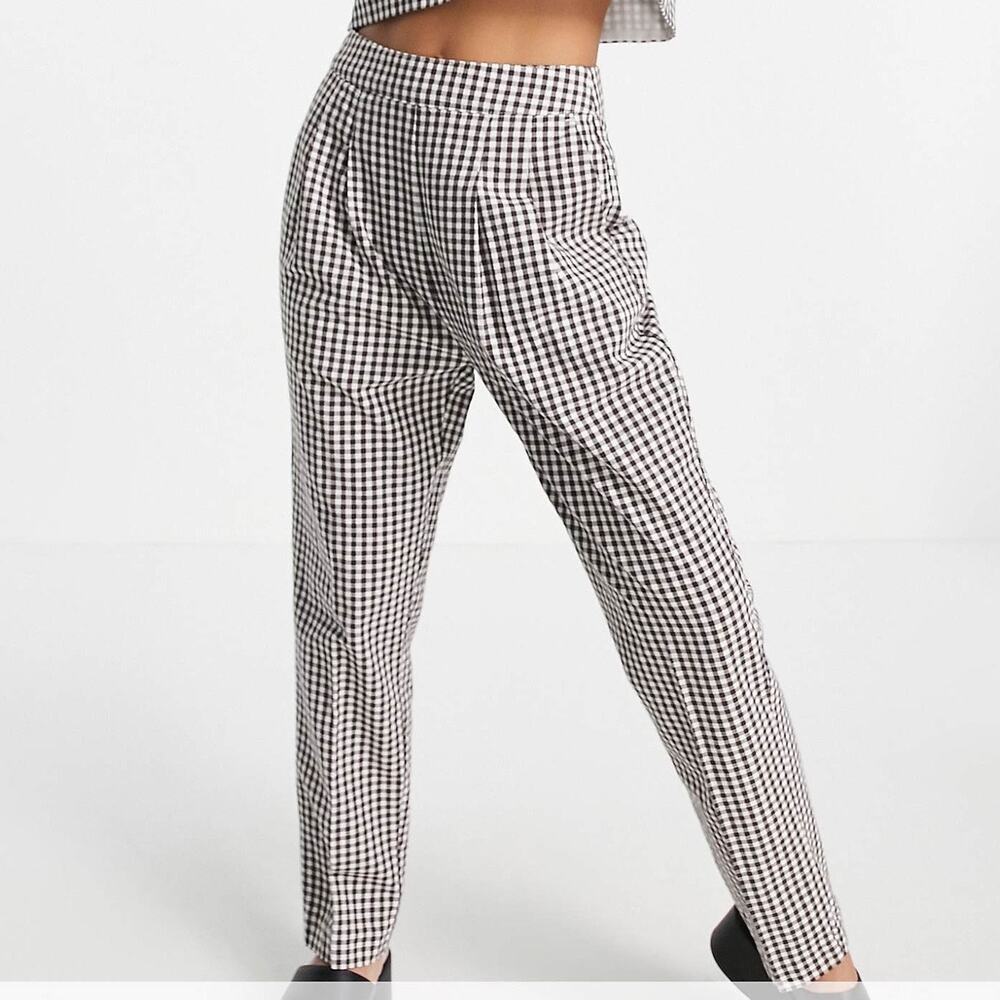 ASOS brown/white gingham pleat front high rise trouser Size 10‎ Cotton